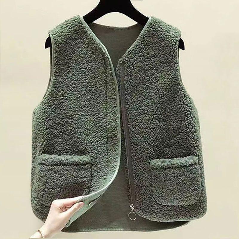 

Lamb Fleece Men Solid Coat Vest Autumn Winter New Warm V-Neck Fashion Casual Slim Zipper Basic Male Clothes Sleeveless Jackets 6XL (75-90KG) зелений