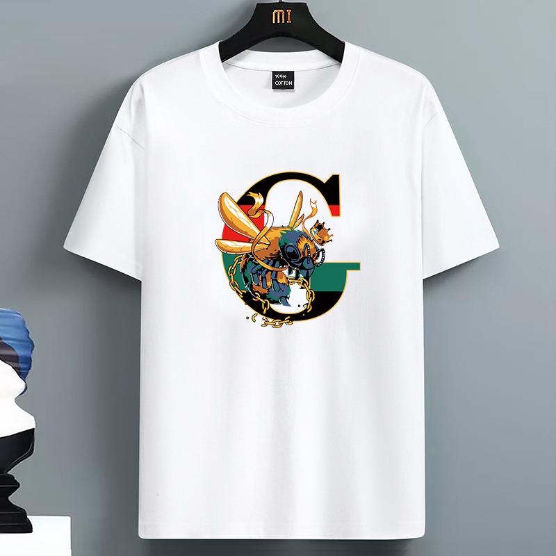 Summer For Men's 100% Cotton Casual Loose Fit Large Letter Print Round Neck Short Sleeved T-shi