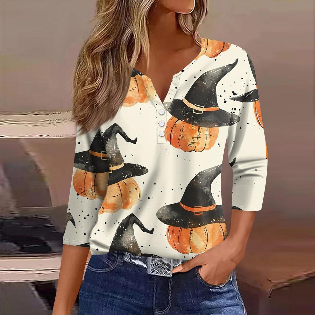 Tricou de damă Tricou Imprimat Buton mânecă 3/4 Zilnic Weekend Moda de bază Decolteu în V Top obișnuit