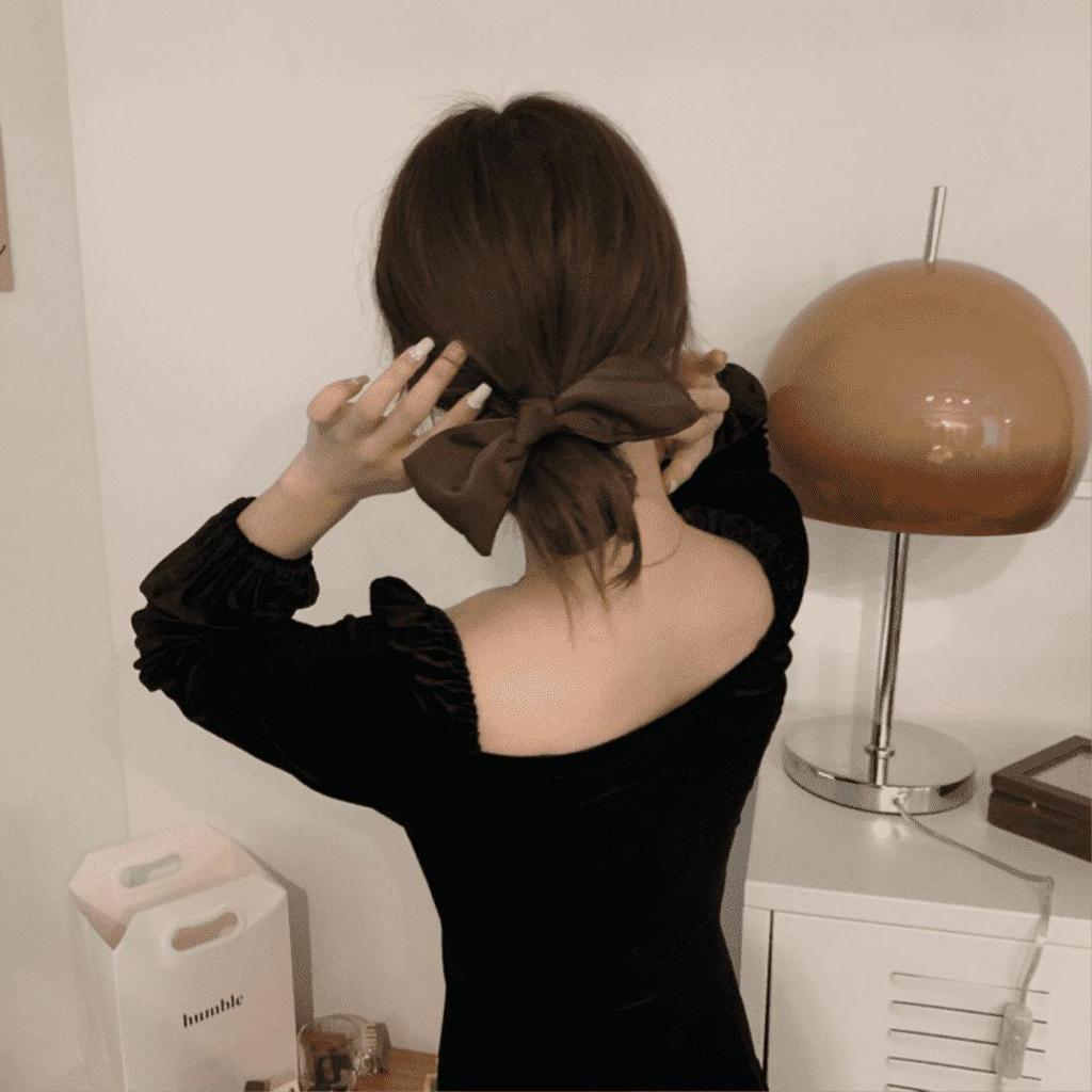 Black Satin Bow Headdress with Elastic Hair Tie and Streamer - Women's Hair Accessory.