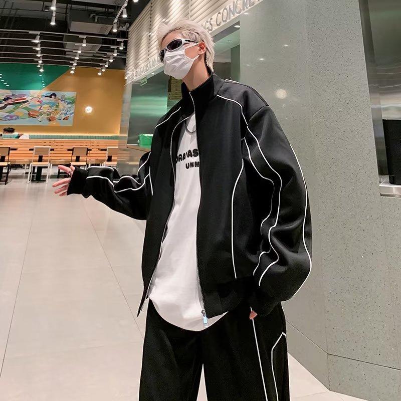 Pánská trendy volná bunda a kalhoty: Korejský styl jednobarevný na jaro a podzim