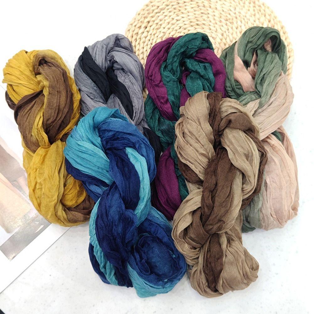 Gradient Blue Fold Shawl Soft Retro Cotton Hemp Scarf Fashionable Trend Sunscreen Scarf  Women