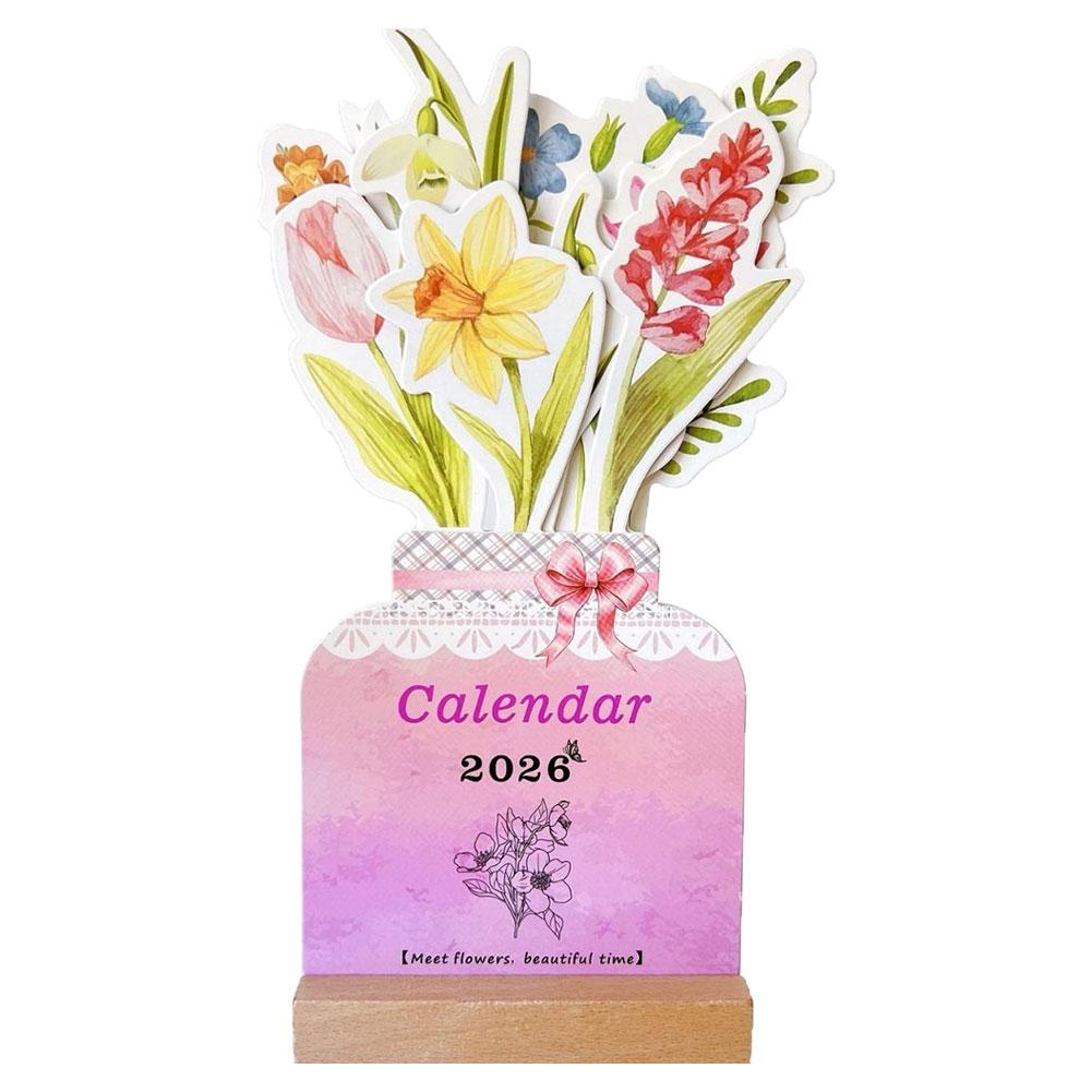 

Environmentally Friendly Paper Flower Desktop Calendar Wooden Stand Calendar Cute Exquisite Decorative Ornament Natural Wood