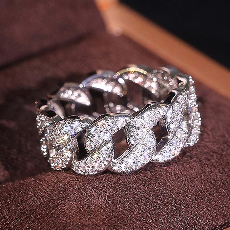 Huitan Chunk Chain Linked Design Women Finger Rings Full Dazzling Crystal Cubic Zirconia Modern Fashionable Jewelry