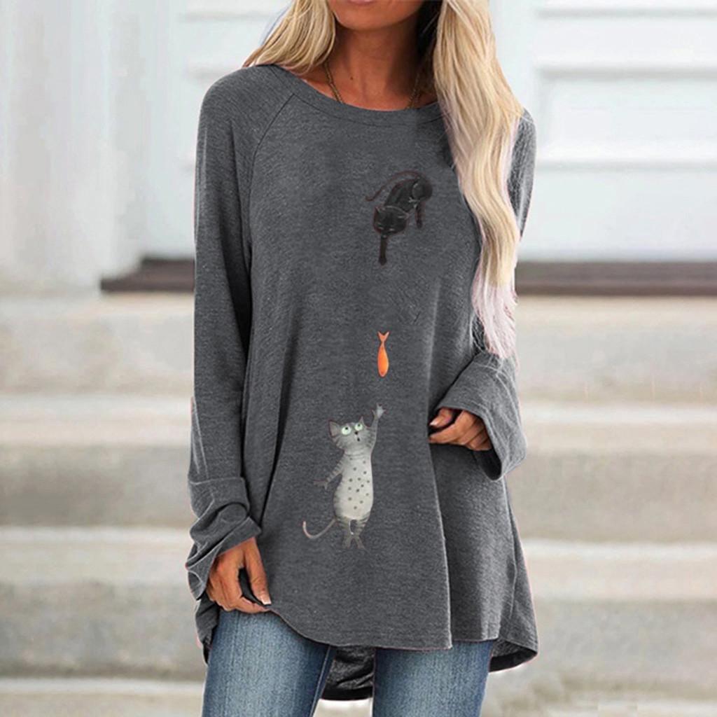 Women Fashion Plus Size Print Round Neck Long Sleeved Long T-shirt Blouse