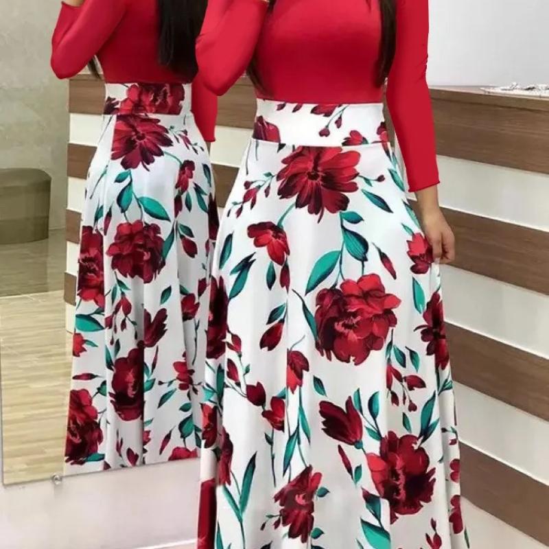 2024 European and American style flower print color matching short sleeved dress for women's large swing skirt