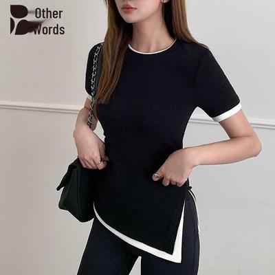 Damen-Faux-Zweiteiler Colorblock Kurzarm-T-Shirt