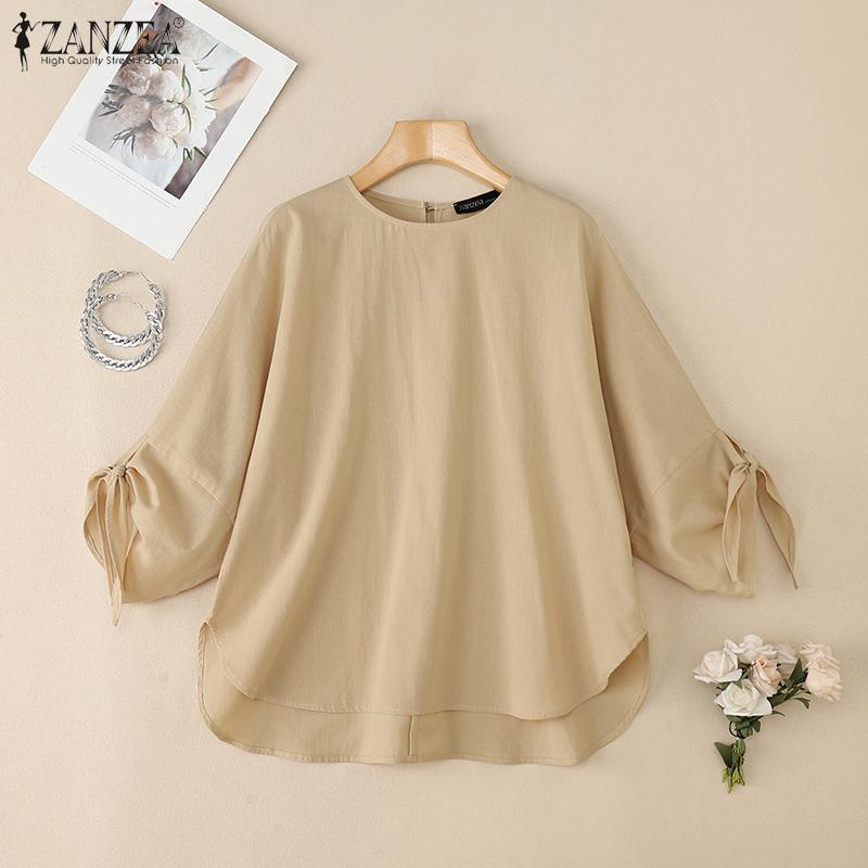 

ZANZEA Винтажная женская блузка с рукавом 3/4, завязанная узлом, повседневная, свободного кроя, однотонная, хлопковая 5XL хаки