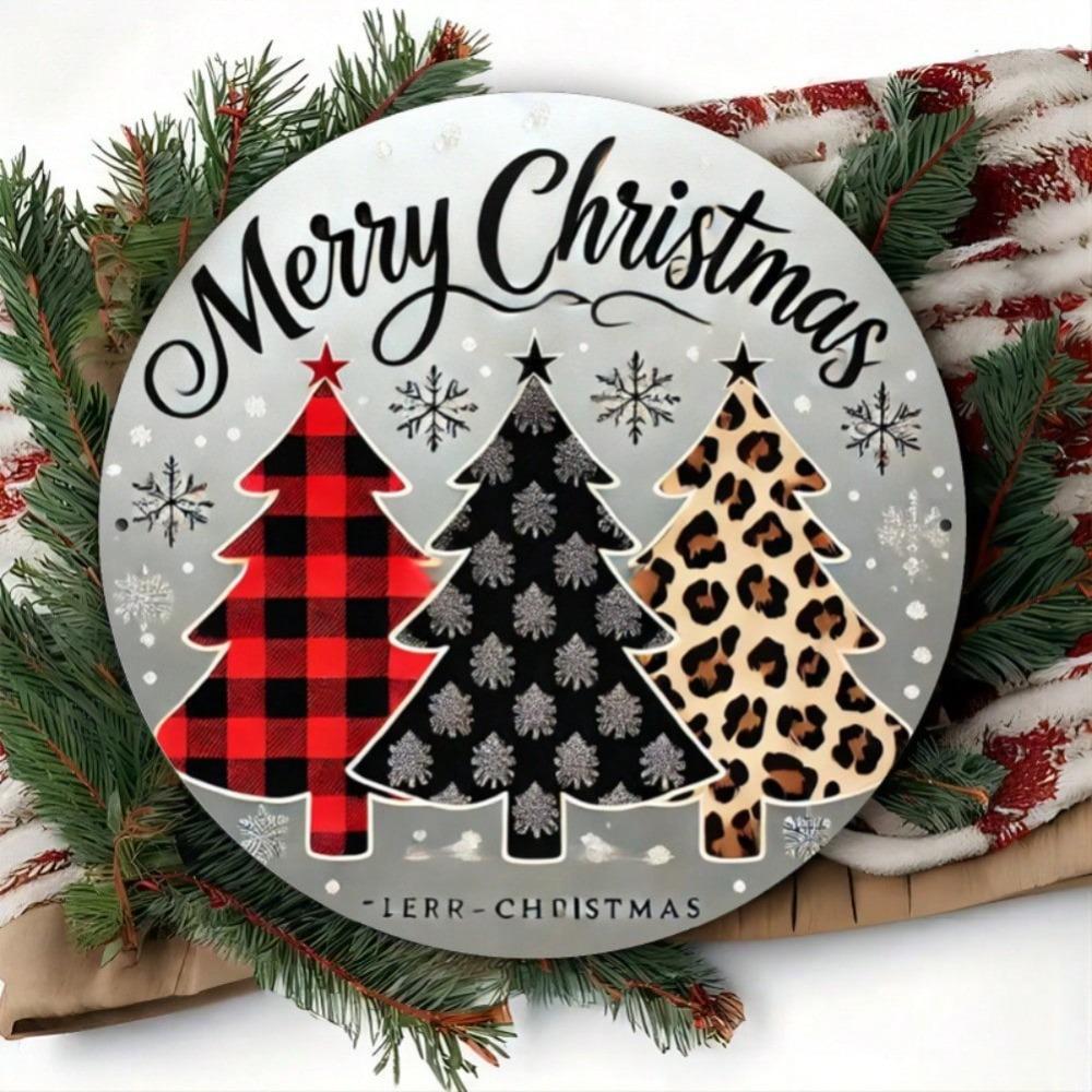 Iron Wall Art Merry Christmas Tree Wreath Leopard Print Durable Metal Decor Indoor Outdoor