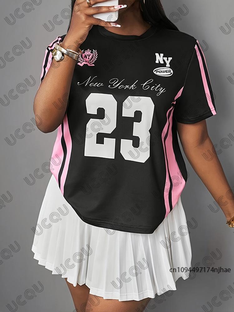 Summer Black and Pink Printed Women's T-Shirt, Short-Sleeve Sporty Soccer Jersey, Casual Loose Top