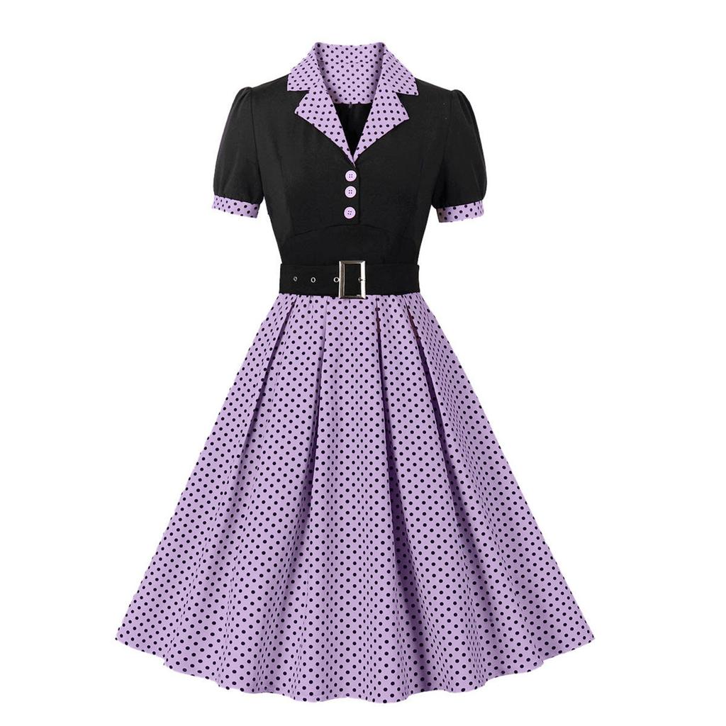 Women's Vintage Polka Dot Lapel  Short-sleeved Belt Dress