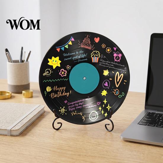 Desktop Display Stands Vinyl Record DIY Graffiti Clock Ornament, Blank Acrylic Retro Tabletop Wall Reusable Drawing Surface Decor with Stand,