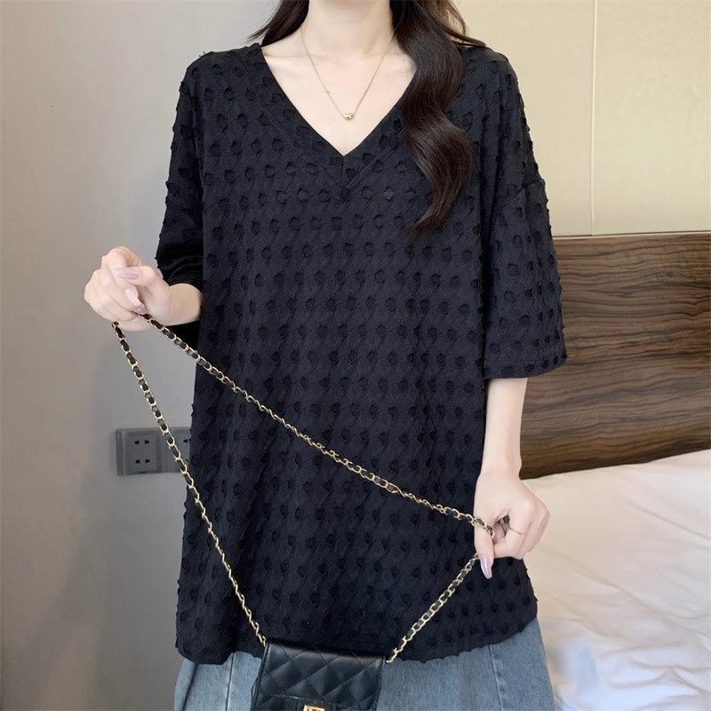 Mid-length Style V-neck T-shirt Loose Casual and Versatile Short-sleeved Top