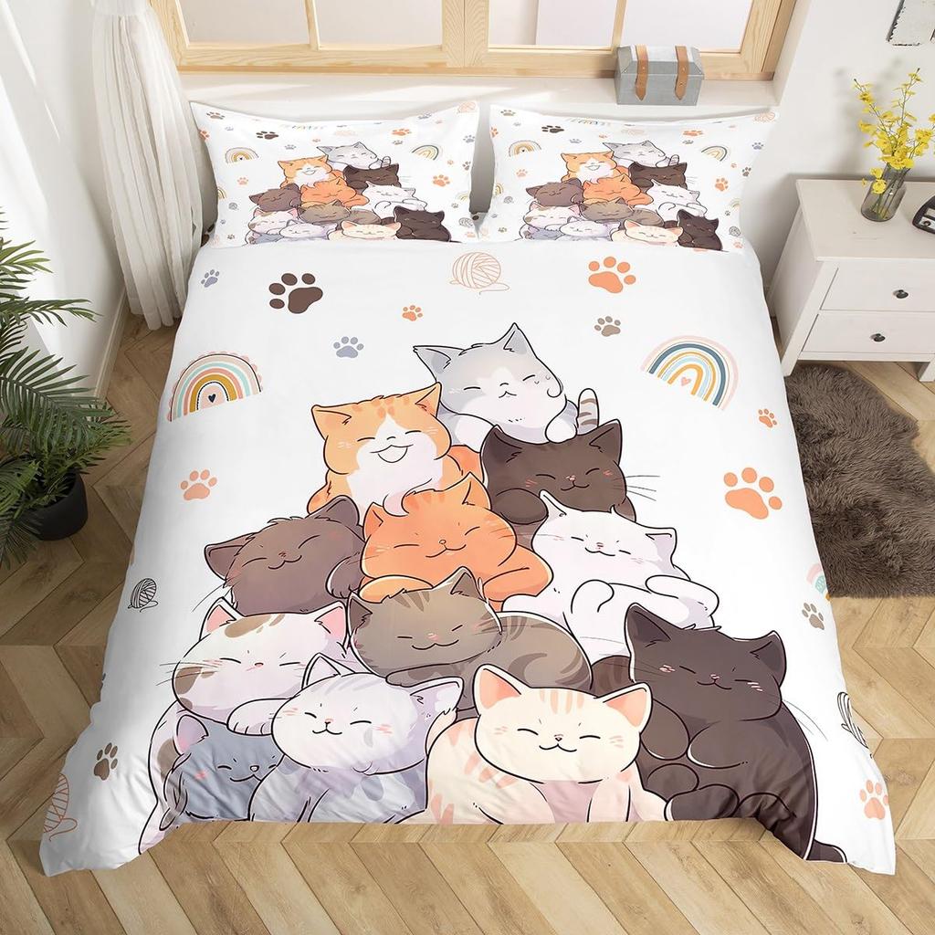 Rainbow Cat Duvet Covers For Kids Teens Girls Queen Lightweight Bedspread Cover Room Decor Kawaii Rainbow Ombre Cats Bedding Set