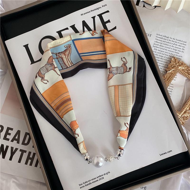 Luxury Design Magnetic Button Summer Silk Scarf Women Magnetic Pearl Necklace Scarves High End Matching Shirt Scarf Lady