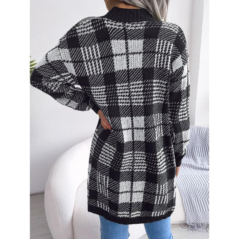 Dámský podzimní a zimní kostkovaný krajkový ležérní kardigan s lucernovými rukávy