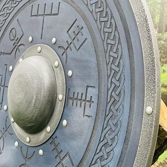 Viking Blue Wooden Shield with Norse Rune Symbols Round Shield 60.96 Cm Nordic Wall Decor, LARP Cosplay Prop, Medieval Warrior Gift