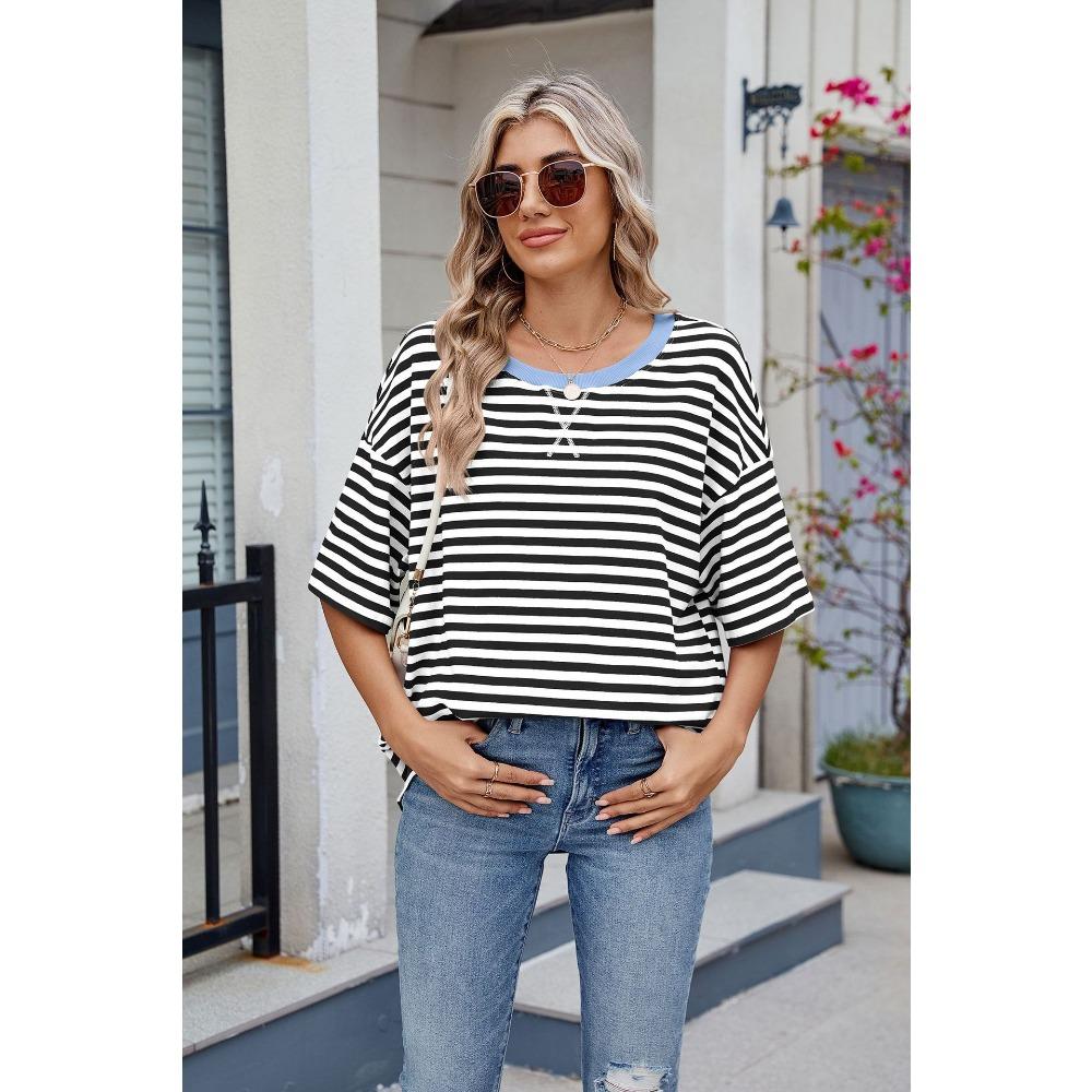 Frühling und Sommer Neues Damen Gestreiftes Kontrast-Lose Kurzarm-T-Shirt