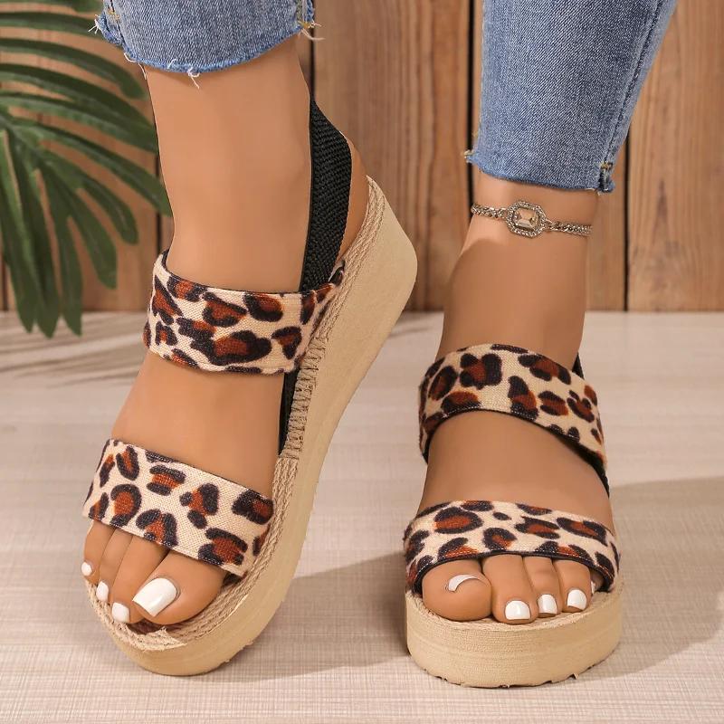 Fashion Leopard Print Wedge Sandals Women 2025 Summer Comfort Thick Sole Beach Shoes Woman Lightweight Platform Sandalias Mujer