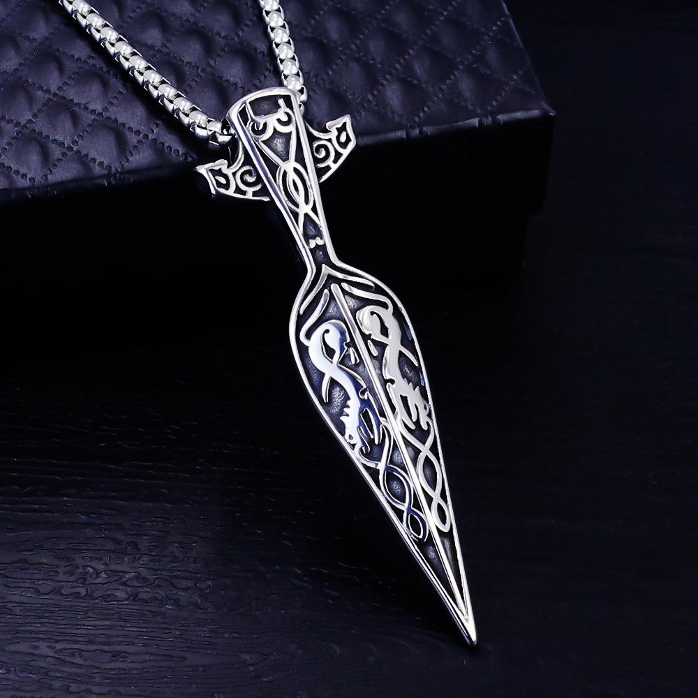 European Viking Titanium Steel Rune Necklace with Stainless Steel Spearhead and Compass Pendant