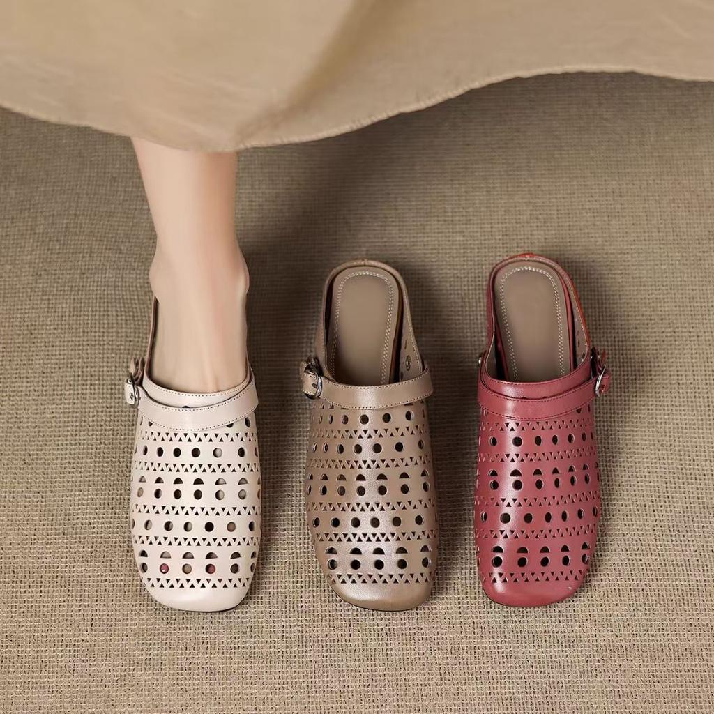 Baotou half slippers women's summer 2025 new soft leather soft bottom comfortable outer piercing hole fashion hollow mother cool slippers