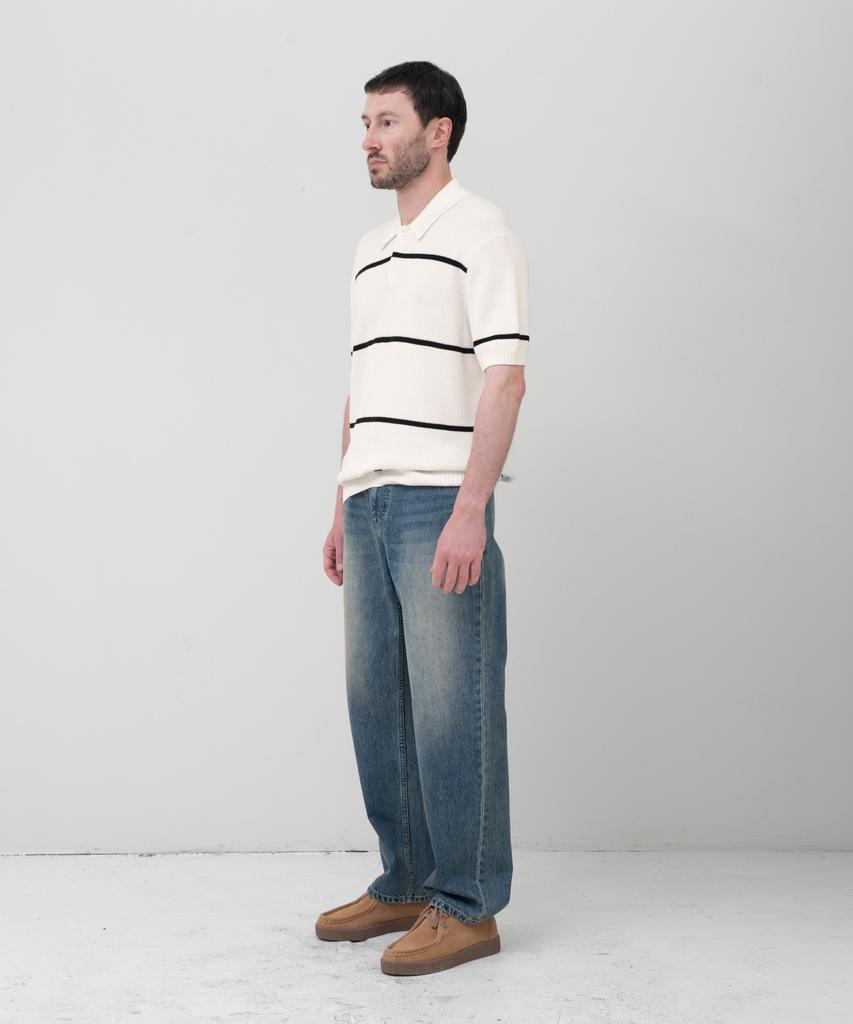 MANNERGRAM Textured Striped 100% Cotton Polo Short Sleeve Knit Cream