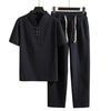 2 Pcs/Set Men Tracksuit Solid Color V Neck Chinese Style Short Sleeve Summer