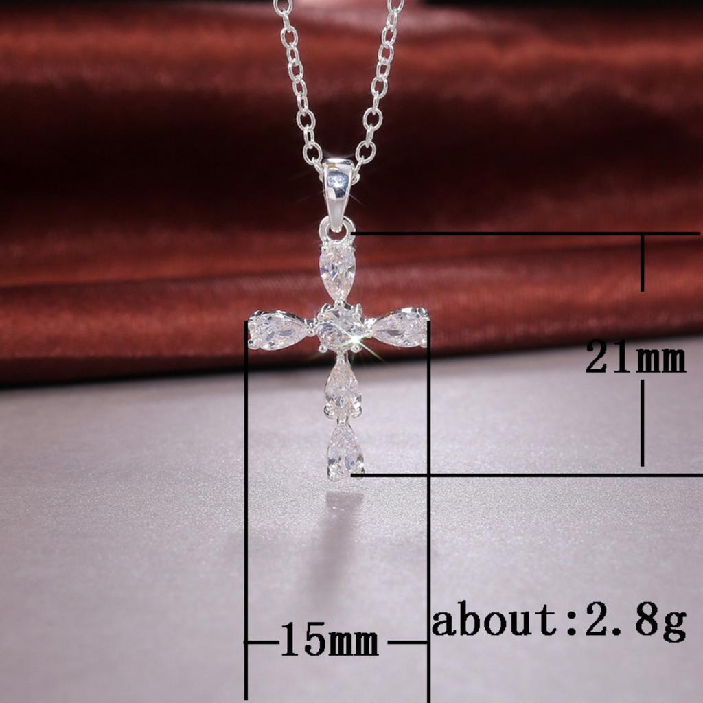 Women Teardrop Stone Cross Pendant Necklace with Central Round Stone Elegant Sparkling Religious Inspired Jewelry for Daily and Special Occasions