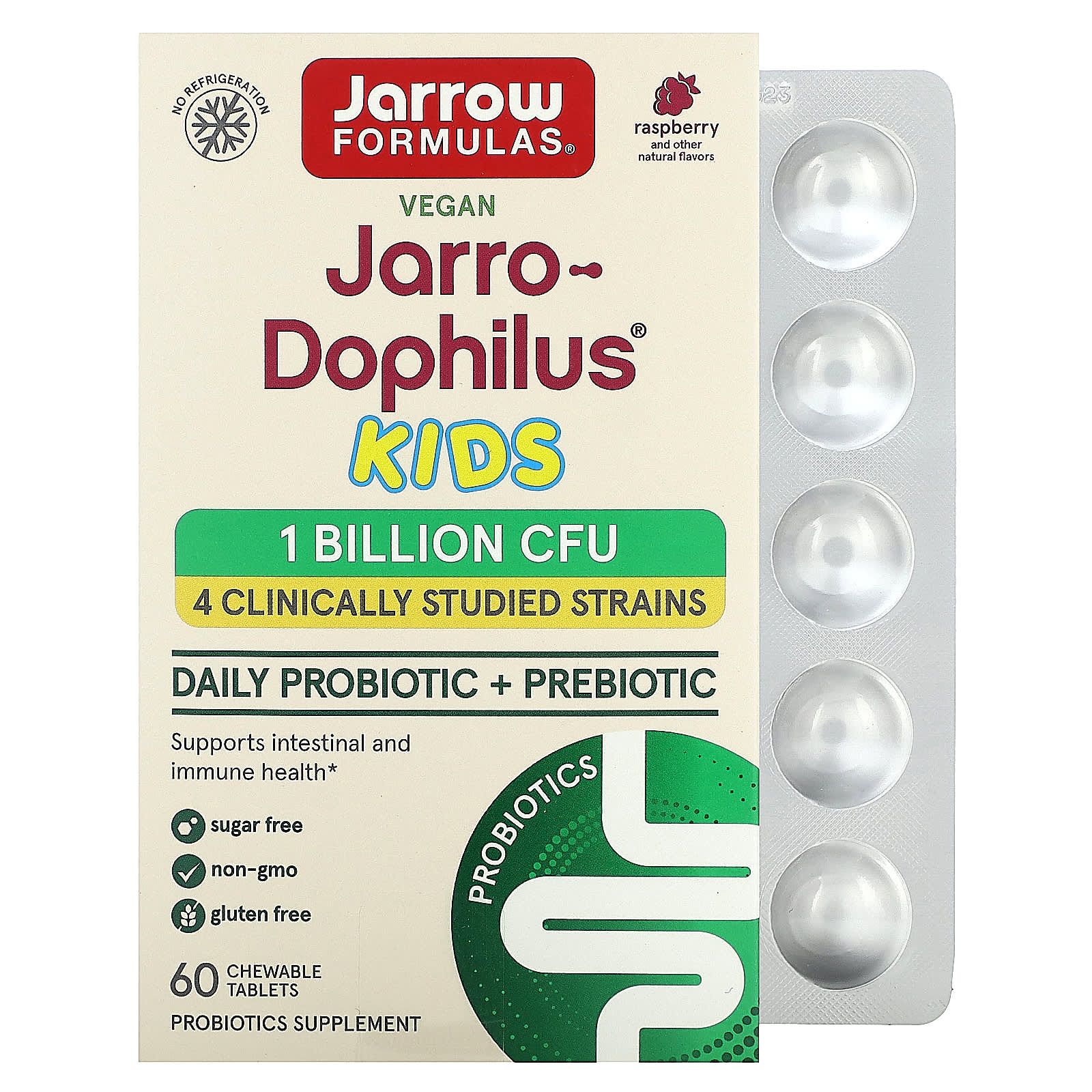 

Jarrow Formulas, Jarro-Dophilus Kids, щоденний пробіотик + пребіотик, смак малини, 1 мільярд КУО, 60 жувальних таблеток