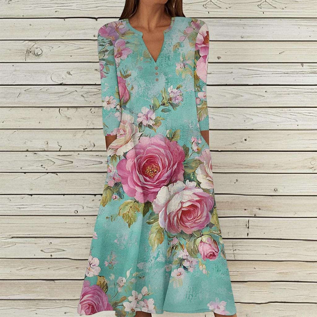 Women's Summer Casual V-Neck Button Vintage Floral Print Three-quarter Sleeve Long Dress With Pockets