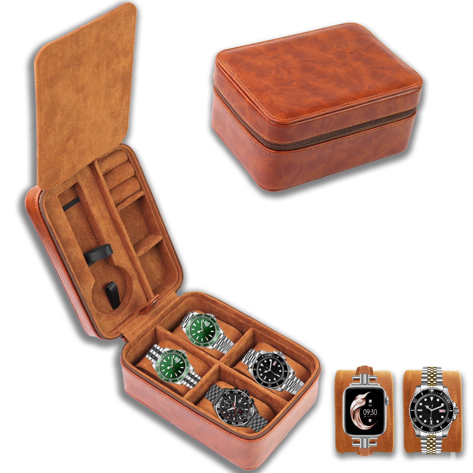 

Juntan Hard Travel Watch Case Storage Organizer for 5 Watches and Jewelry, Zippered PU Leather Watch Travel Box for Ring and Watch Storage for Men