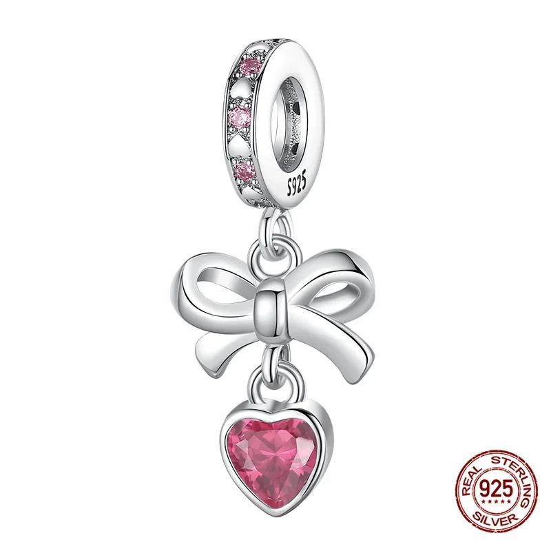 925 Silver Pink Bow Girl Heart Pendant Charms Fits 3mm 925 Original Bracelet Necklace Womens Fine DIY Jewelry Gifts 2025 New in