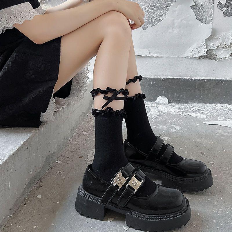 

Женские модные весенне-осенние новые кружевные носки до икры с кружевным бантом 1 pair чёрный