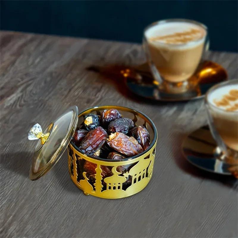 1Pcs Gold/Black Middle East Muslim Candy Fruit Tray Islamic Festival Metal Tea Tray Snack Dried Fruit Box Storage Box with Lid