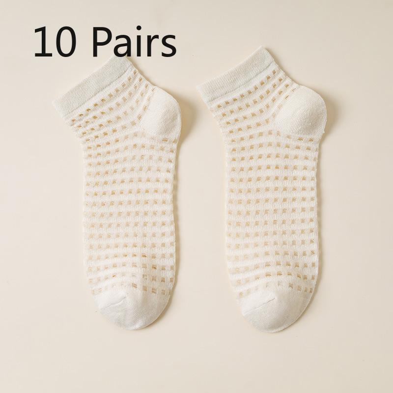 

10 пар женских носков на весну и осень, милые однотонные сетчатые, влагоотводящие, дышащие, эластичные, из хрустального шелка с резными отверстиями 10 pairs