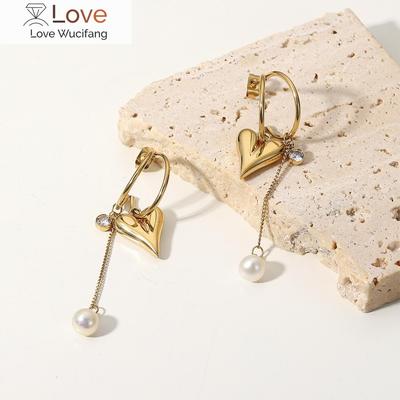 Waterproof Stainless Steel 14k Gold Plated Heart Pendant Pearl Zircon Drop Tassel Earrings For Women Romantic Gift
