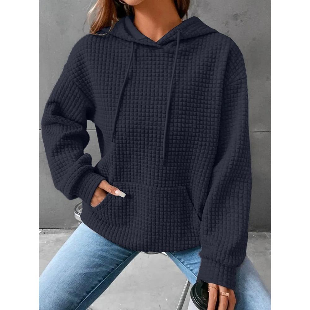 Women's Hooded Sweatshirt Spring and Autumn Style Waffle Fashion Beautiful Solid Color Hooded Drawstring Loose Sweatshirt