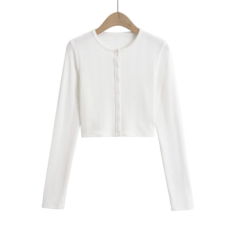 Spring new style six-button textured round-neck long-sleeve women's casual short knitted cardigan