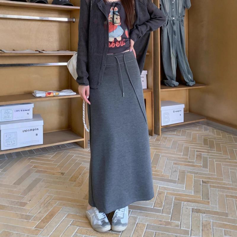 Women Korean Style High Waist Drawstring Skirt Split Hem A Line Long Hip Wrap Skirt Spring Autumn Versatile Flowy Skirt