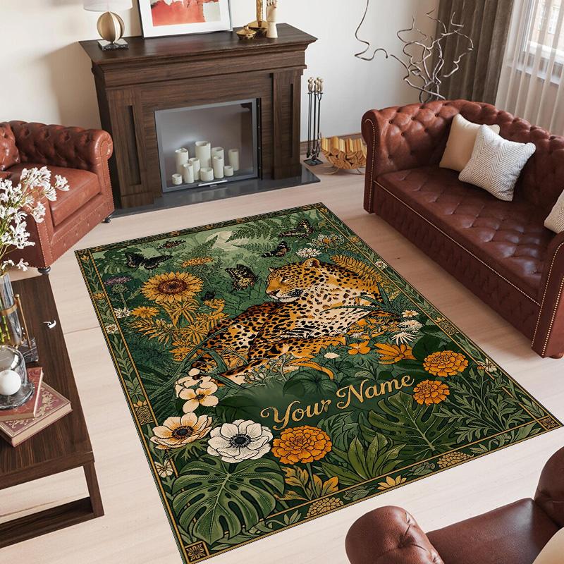 Leopard Theme Crystal Velvet Floor Rug Personalized Custom Name Text Warm Carpet Home Decoration