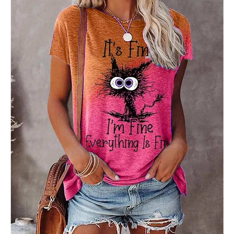 Women Summer T Shirt Trend Cat Print Retro Fashion Short Sleeve Tees Casual   Printed  Tops