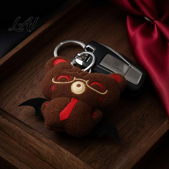 Plush Toy with Bead Chain Halloween Bear Bat Pendant Stuffed Devil Backpack Bag Charm Goth Keyring Pendant Hanging Embroidered Animal Doll