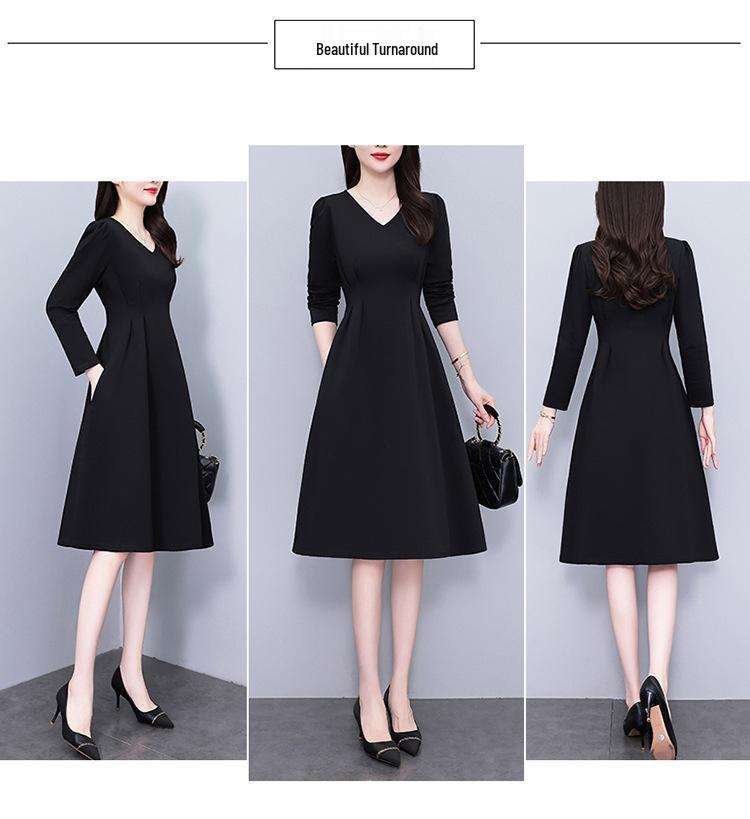 Elegant Black V-Neck Plus-Size Long-Sleeve Dress for Spring and Autumn
