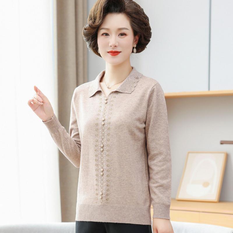 Mom Spring New Long-sleeved T-shirt Casual Age 0 Women's Clothes Medium Women's Spring Lapel Top