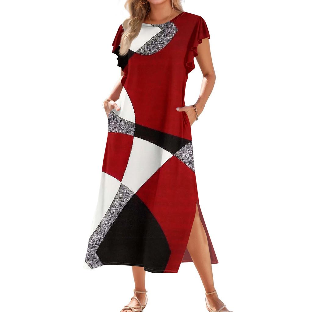 Ladies' Fashionable Summer Casual Pleated Sleeves, Loose Color Block Patchwork Printed Short-sleeved Round Tie Pocket Beach Dress