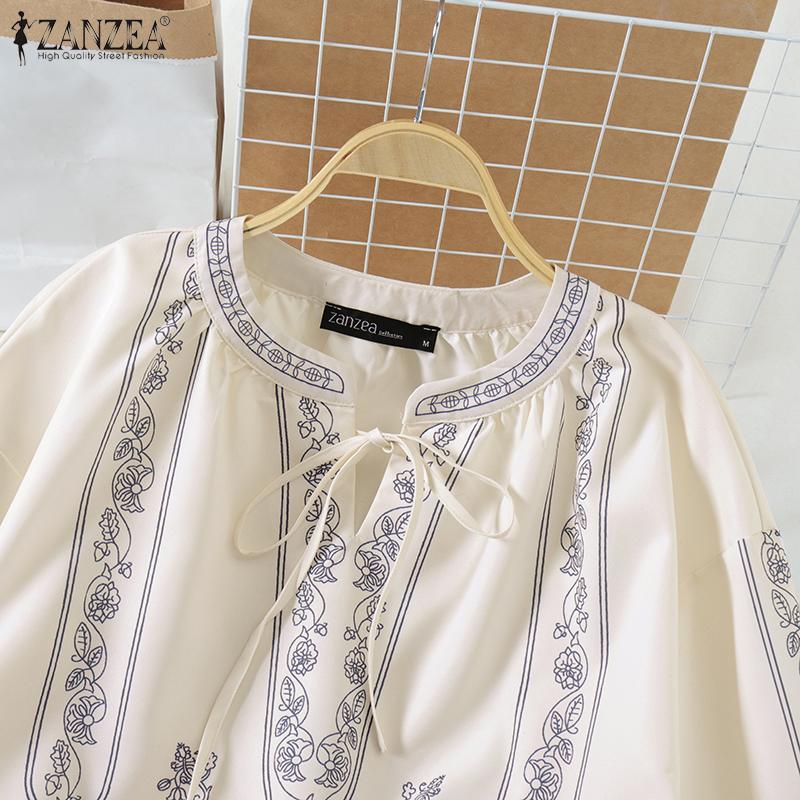 ZANZEA Damen Bluse mit Rundhalsausschnitt, langen Ärmeln und Schnürung, bedruckt
