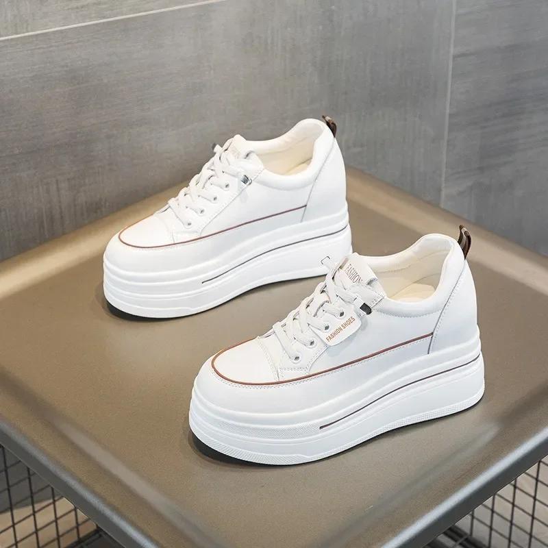 Fashion 8.5cm Genuine Leather Women Autumn Hidden Heels Ladies Chunky Sneakers Thick Soled Spring Platform Wedge Summer Fashion Shoes