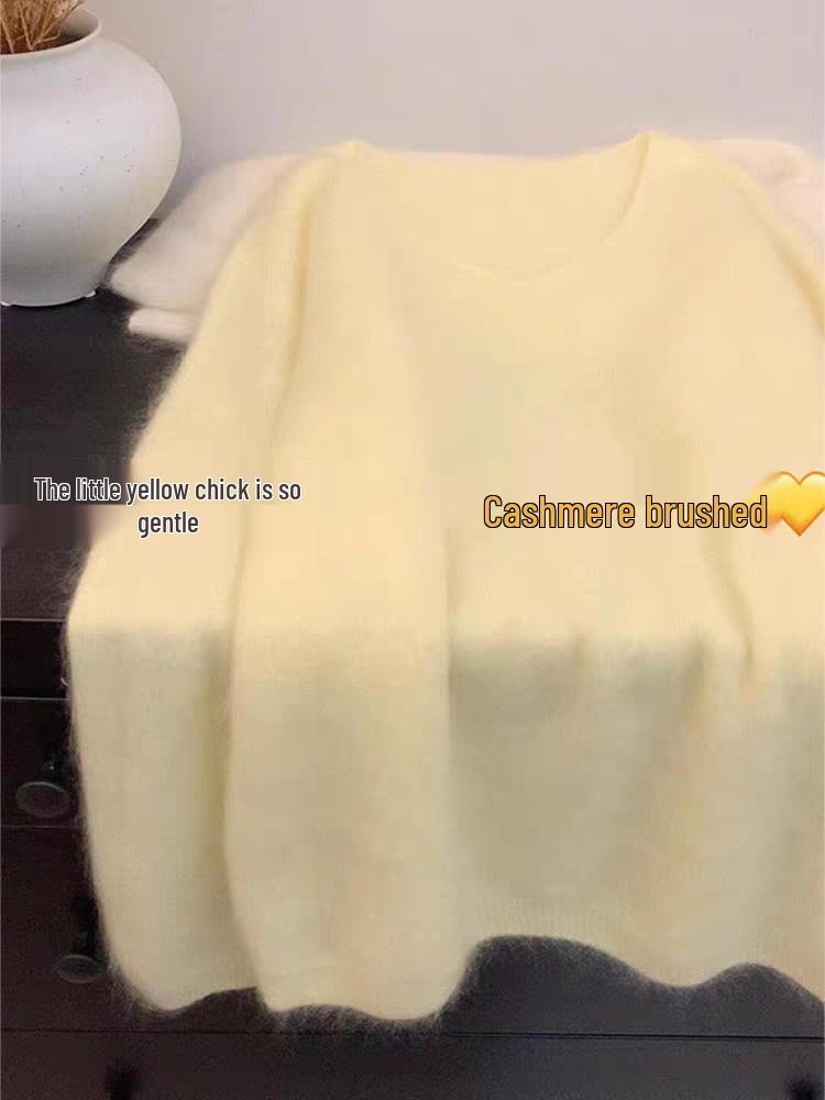 Women's Yellow Chick Plush V-Neck Sweater - Winter 2025 Style