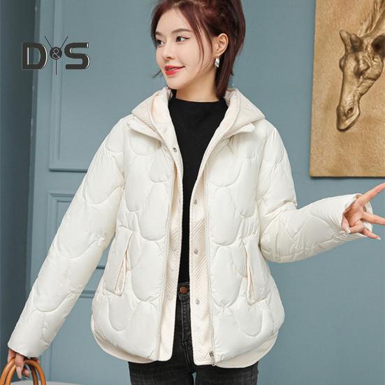 Women Winter Coat Fake Two-piece Zipper Button Closure Padded Hooded Turn-down Collar Pure Color Thin Short Type Down Cotton Filling Jacket