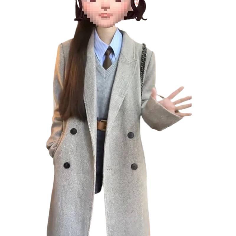 Herringbone Gray Woolen Coat Women's Autumn and Winter New Woolen Coat